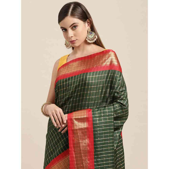 Vastranand Green & Maroon Checked Zari Pure Silk Gadwal Saree with Unstitched Blouse