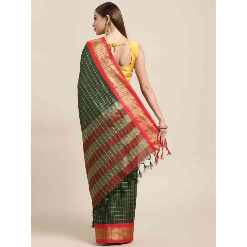 Vastranand Green & Maroon Checked Zari Pure Silk Gadwal Saree with Unstitched Blouse