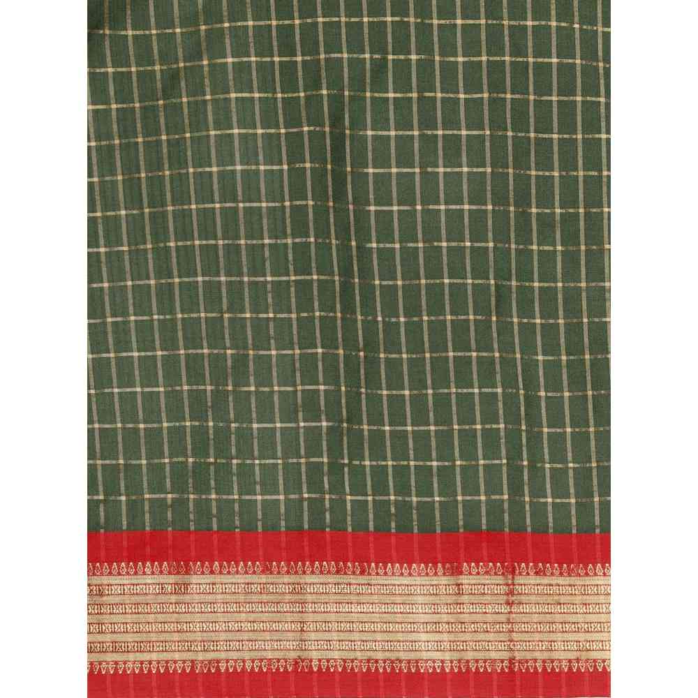 Vastranand Green & Maroon Checked Zari Pure Silk Gadwal Saree with Unstitched Blouse