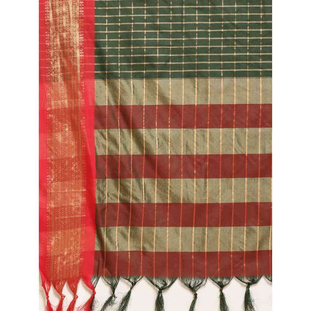 Vastranand Green & Maroon Checked Zari Pure Silk Gadwal Saree with Unstitched Blouse