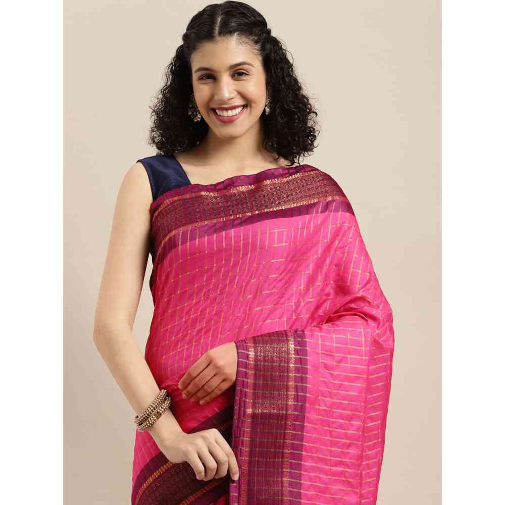 Vastranand Pink Checked Pure Silk Gadwal Saree with Unstitched Blouse