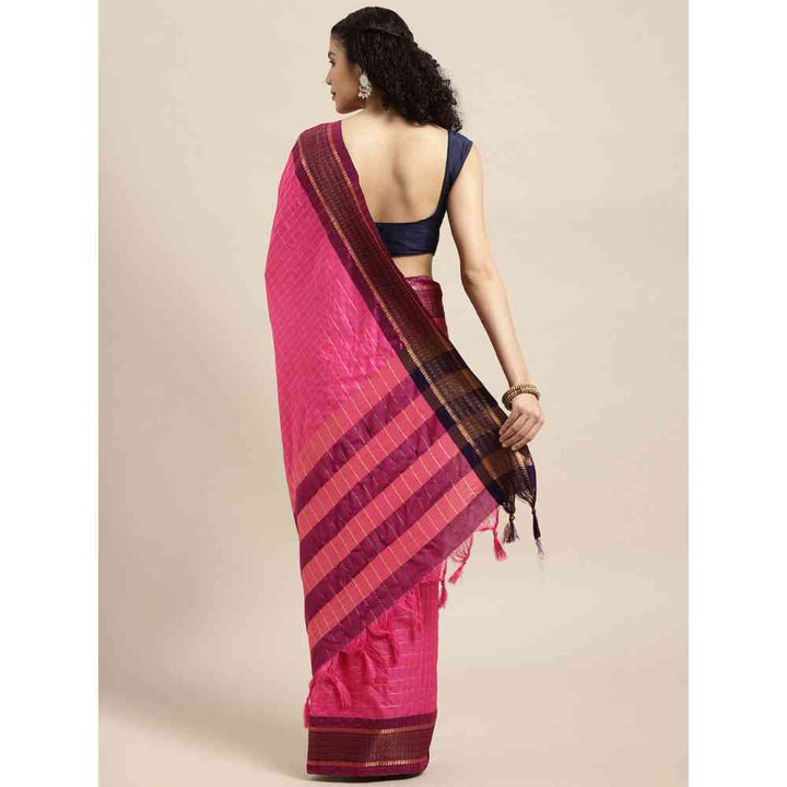 Vastranand Pink Checked Pure Silk Gadwal Saree with Unstitched Blouse