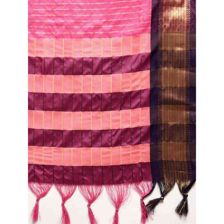 Vastranand Pink Checked Pure Silk Gadwal Saree with Unstitched Blouse