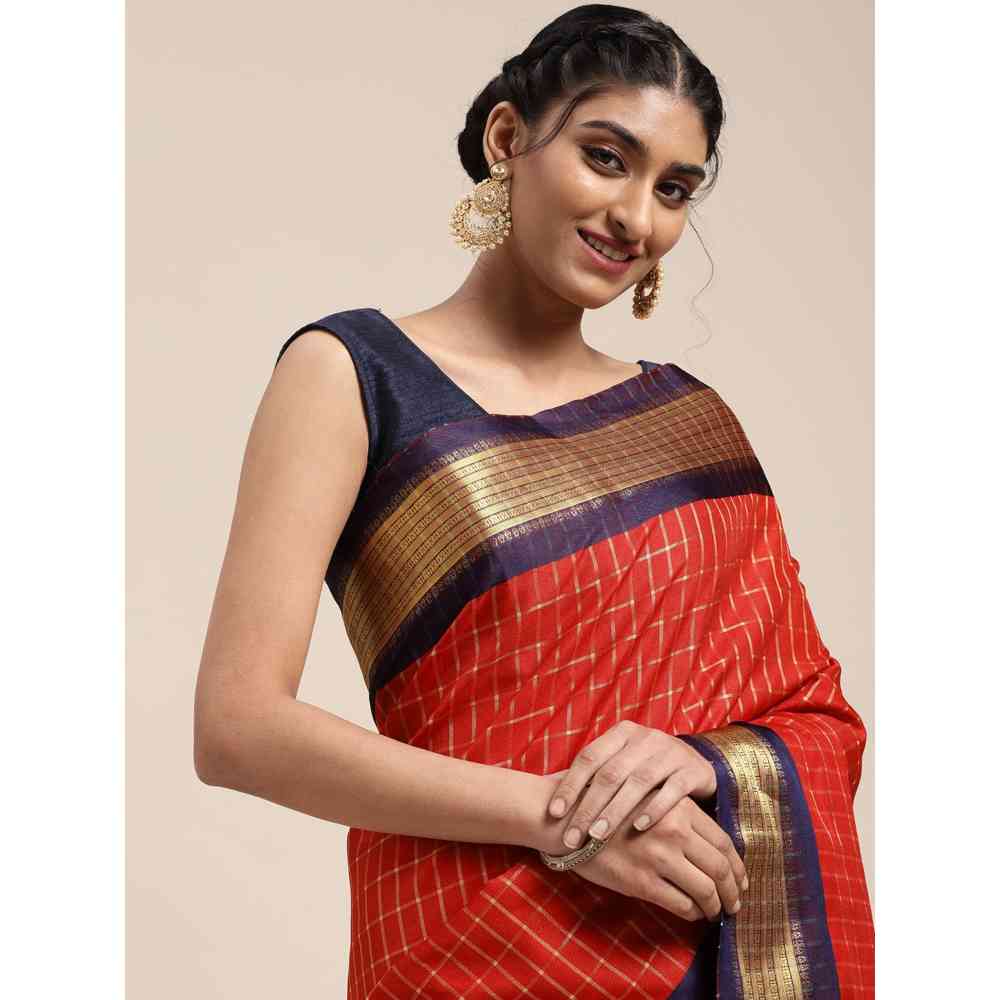 Vastranand Red Checked Pure Silk Gadwal Saree with Unstitched Blouse