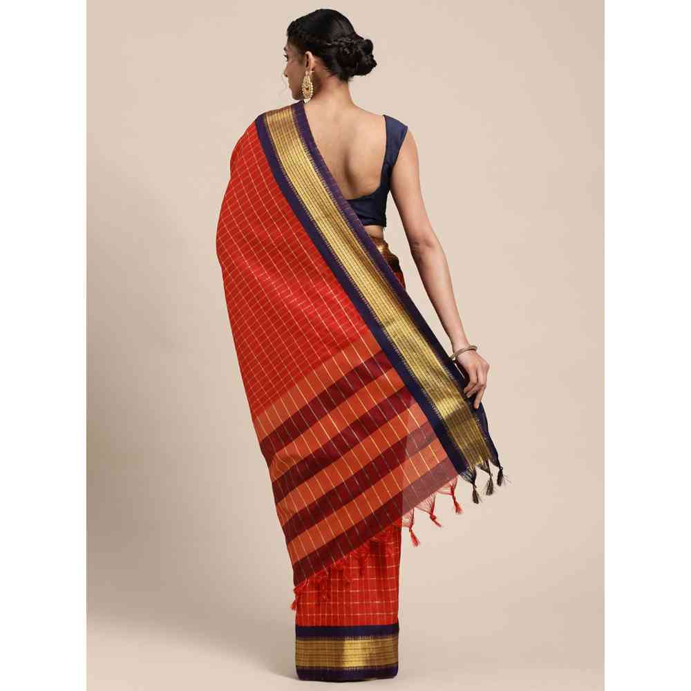 Vastranand Red Checked Pure Silk Gadwal Saree with Unstitched Blouse