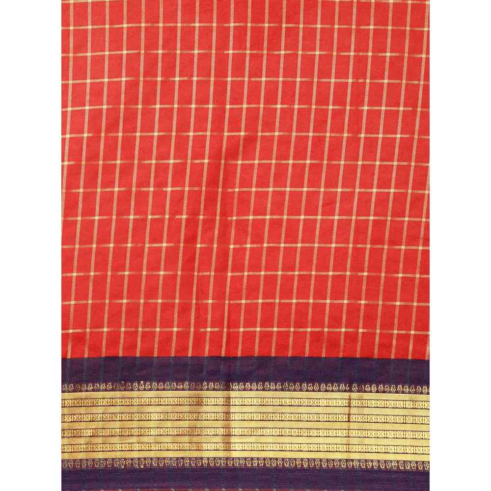 Vastranand Red Checked Pure Silk Gadwal Saree with Unstitched Blouse