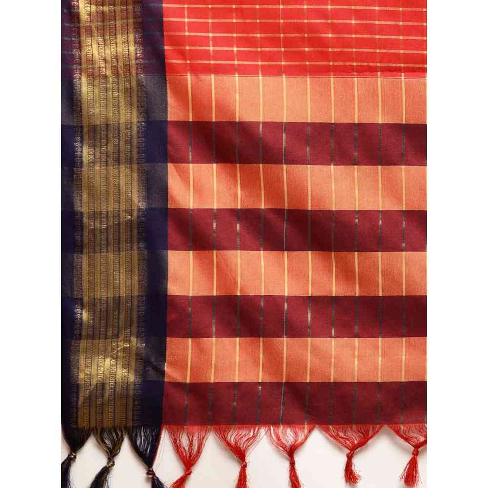 Vastranand Red Checked Pure Silk Gadwal Saree with Unstitched Blouse