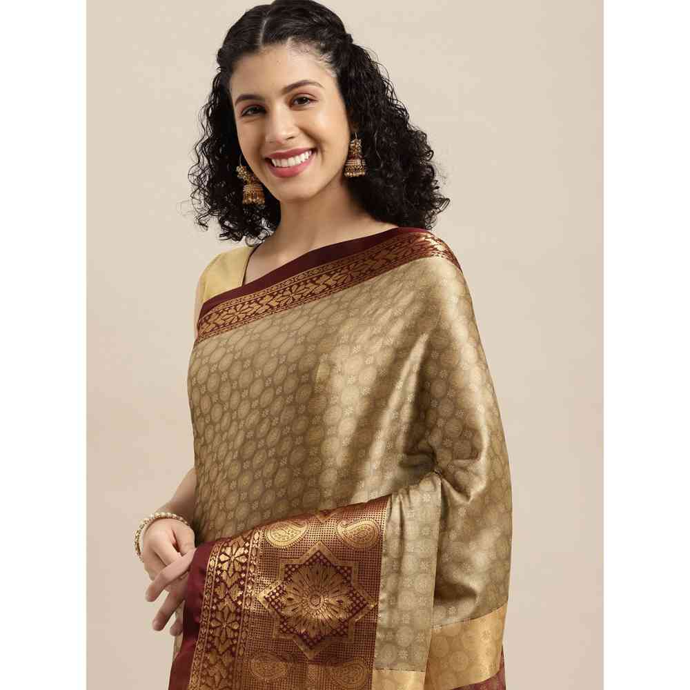 Vastranand Beige Woven Design Banarasi Saree with Unstitched Blouse