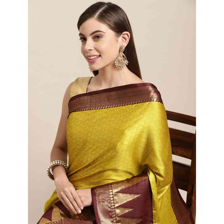 Vastranand Yellow & Maroon Woven Design Zari Silk Blend Banarasi Saree with Unstitched Blouse