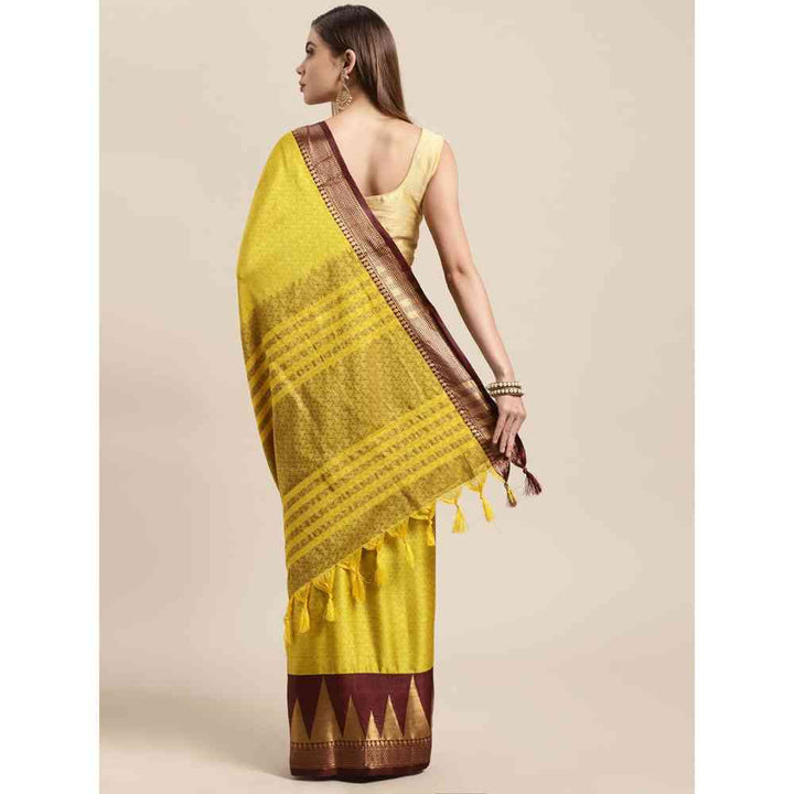 Vastranand Yellow & Maroon Woven Design Zari Silk Blend Banarasi Saree with Unstitched Blouse