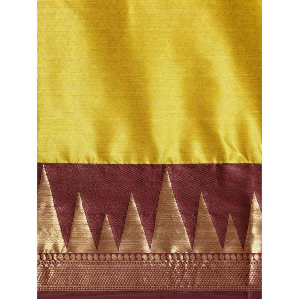 Vastranand Yellow & Maroon Woven Design Zari Silk Blend Banarasi Saree with Unstitched Blouse