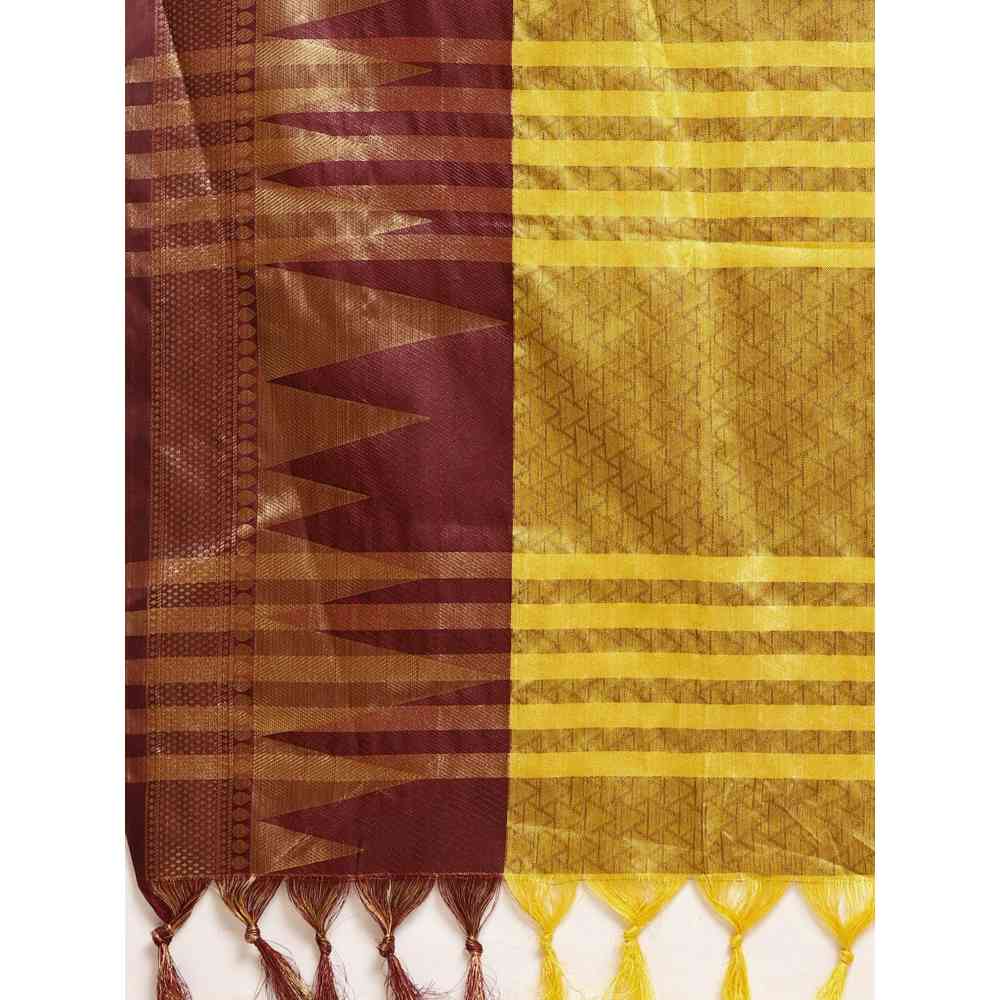 Vastranand Yellow & Maroon Woven Design Zari Silk Blend Banarasi Saree with Unstitched Blouse