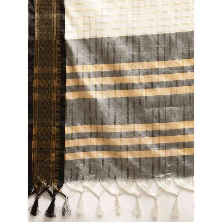 Vastranand Black Checked Pure Silk Gadwal Saree with Unstitched Blouse