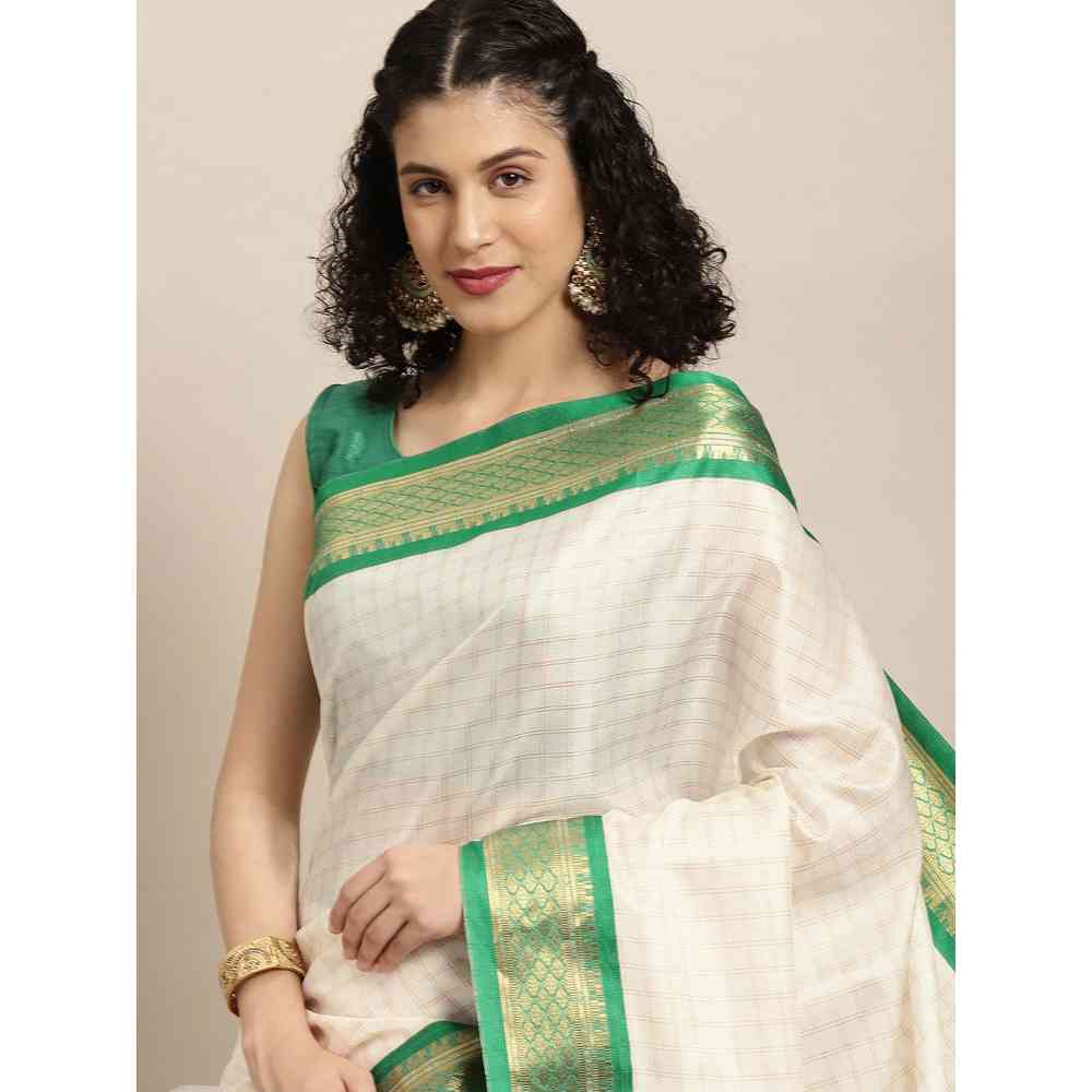 Vastranand Green Checked Zari Pure Silk Gadwal Saree with Unstitched Blouse