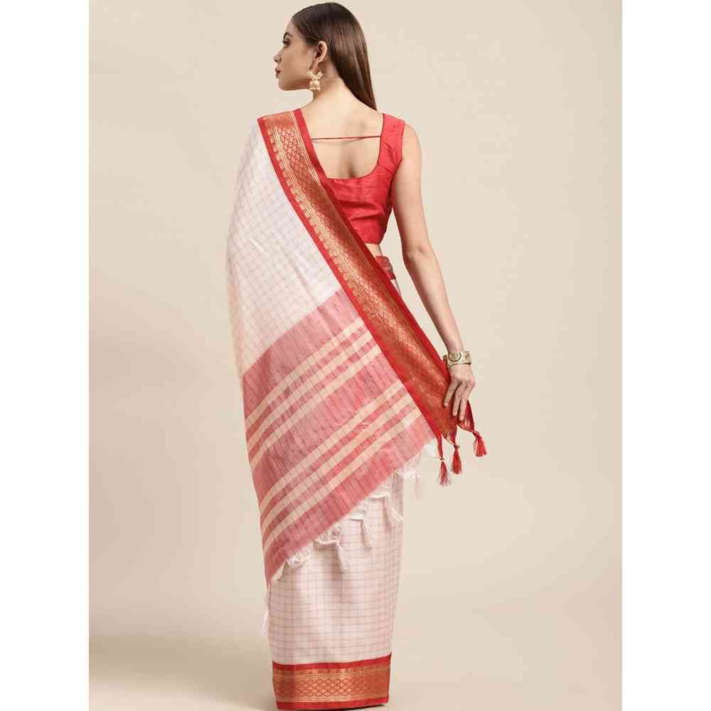 Vastranand Red Checked Zari Pure Silk Gadwal Saree with Unstitched Blouse