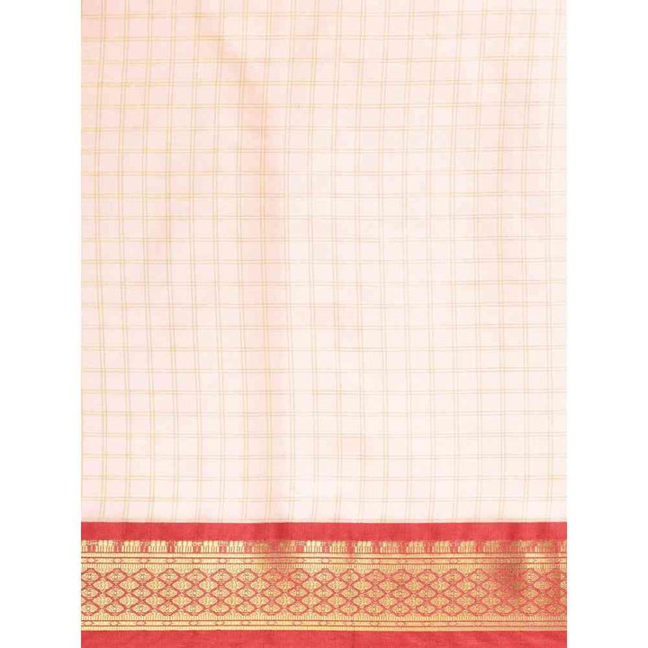 Vastranand Red Checked Zari Pure Silk Gadwal Saree with Unstitched Blouse