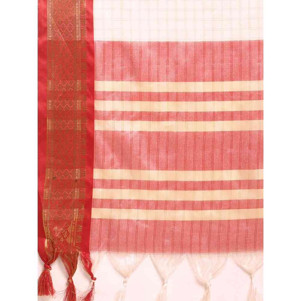 Vastranand Red Checked Zari Pure Silk Gadwal Saree with Unstitched Blouse