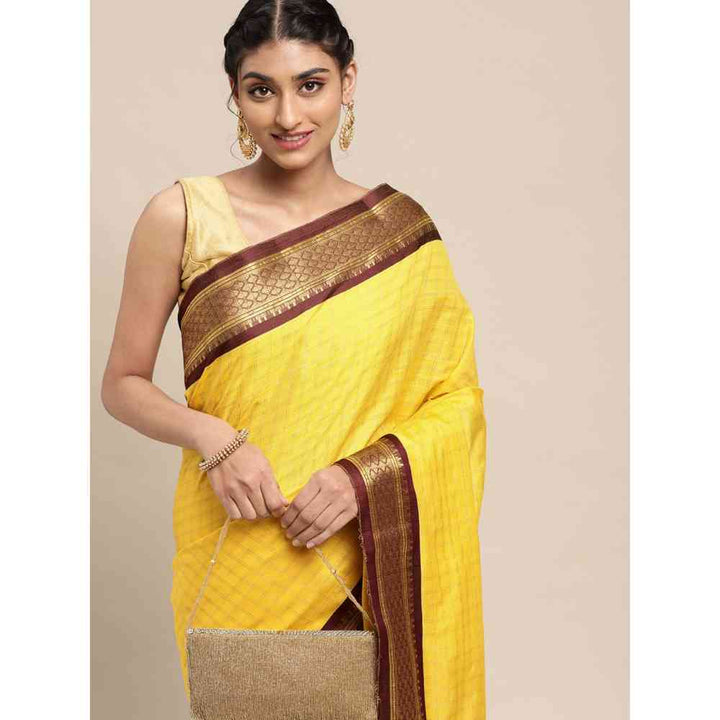 Vastranand Yellow Checked Pure Silk Gadwal Saree with Unstitched Blouse