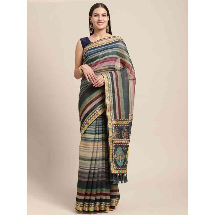 Vastranand Multicoloured Kalamkari Linen Blend Block Print Saree with Unstitched Blouse