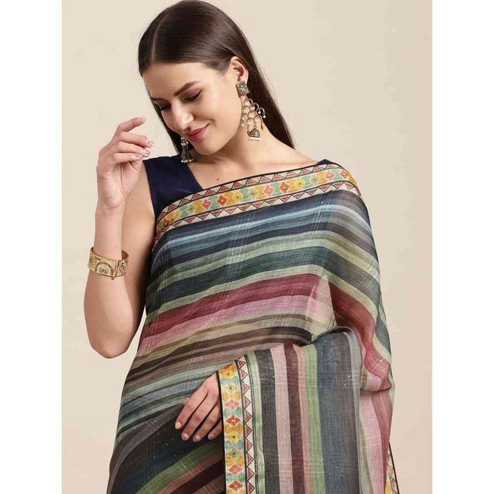 Vastranand Multicoloured Kalamkari Linen Blend Block Print Saree with Unstitched Blouse