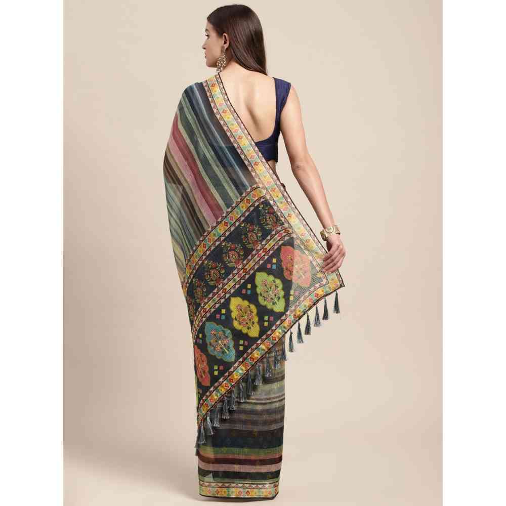 Vastranand Multicoloured Kalamkari Linen Blend Block Print Saree with Unstitched Blouse