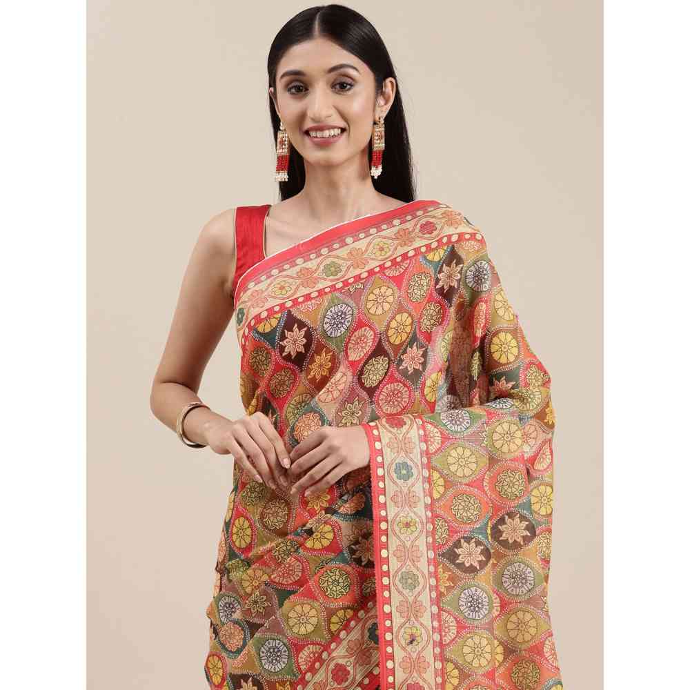 Vastranand Red Block Kalamkari Print Sequence Weaving Party Wear Saree with Unstitched Blouse