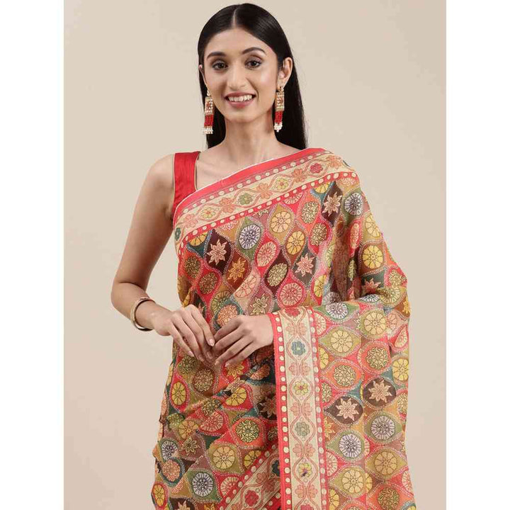 Vastranand Red Block Kalamkari Print Sequence Weaving Party Wear Saree with Unstitched Blouse