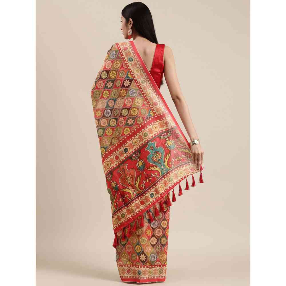 Vastranand Red Block Kalamkari Print Sequence Weaving Party Wear Saree with Unstitched Blouse