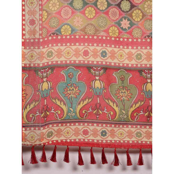 Vastranand Red Block Kalamkari Print Sequence Weaving Party Wear Saree with Unstitched Blouse