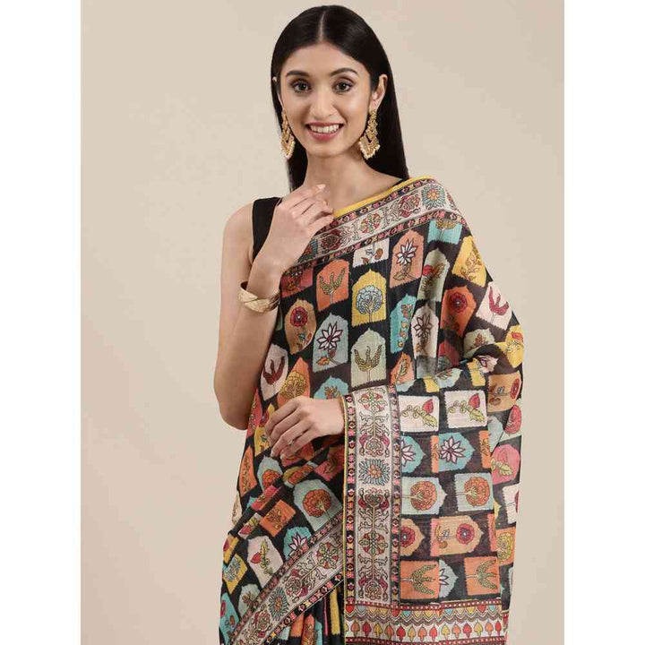 Vastranand Black Block Kalamkari Print Sequence Weaving Party Wear Saree with Unstitched Blouse