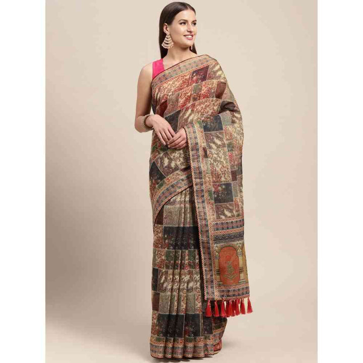 Vastranand Cream & Multicoloured Kalamkari Linen Blend Block Print Saree with Unstitched Blouse