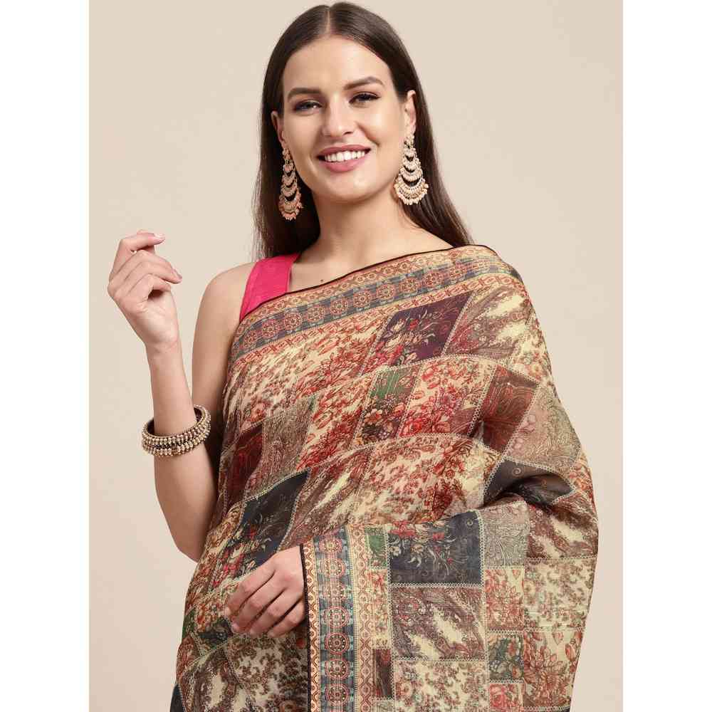 Vastranand Cream & Multicoloured Kalamkari Linen Blend Block Print Saree with Unstitched Blouse