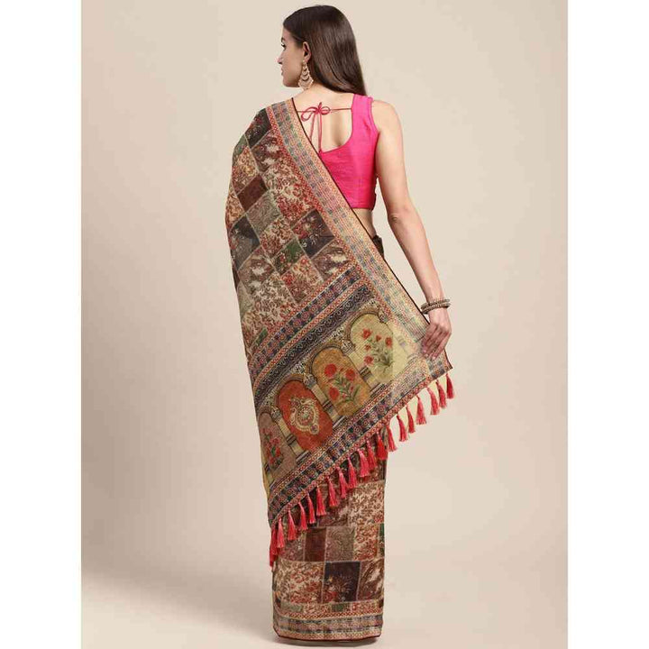 Vastranand Cream & Multicoloured Kalamkari Linen Blend Block Print Saree with Unstitched Blouse