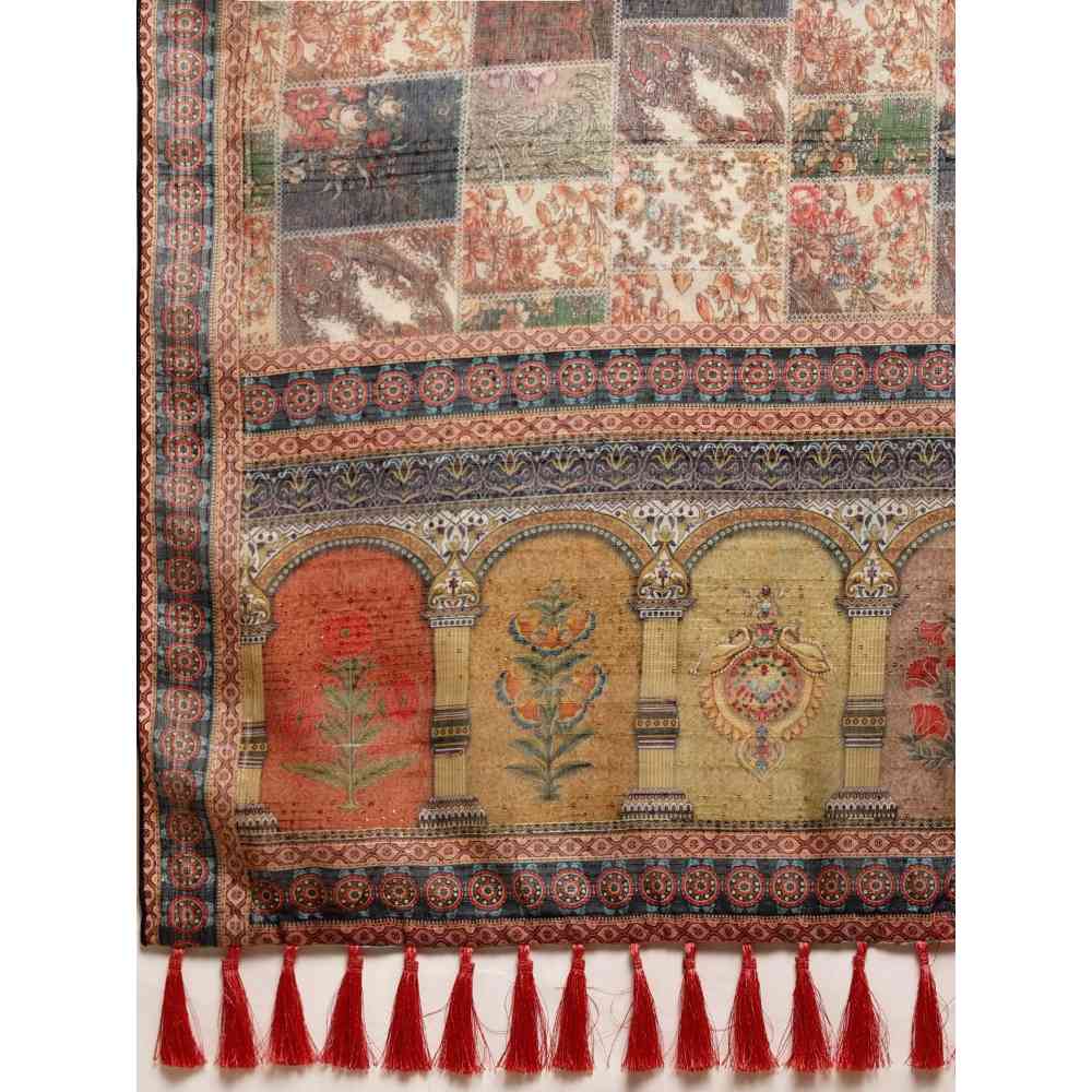 Vastranand Cream & Multicoloured Kalamkari Linen Blend Block Print Saree with Unstitched Blouse