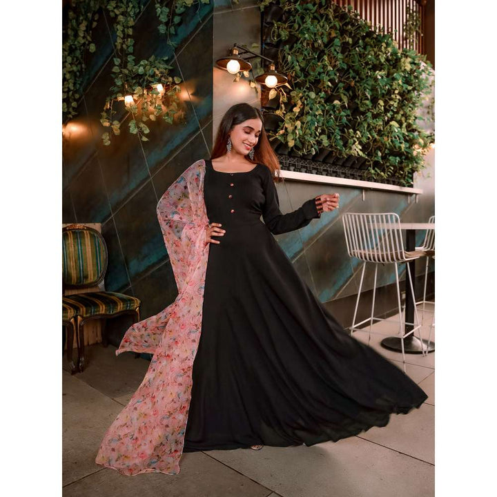 Vinya Black Rayon Fit & Flare Dress with Floral Organza Dupatta (Set of 2)