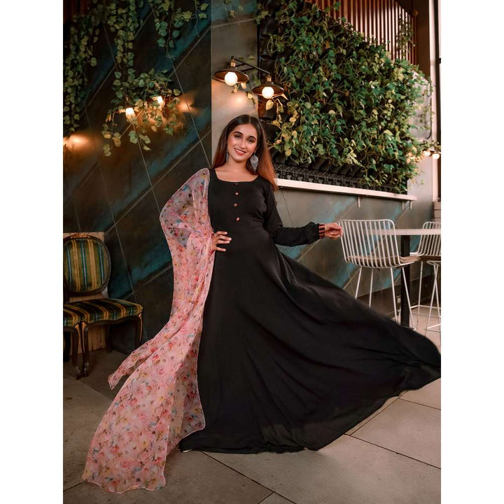 Vinya Black Rayon Fit & Flare Dress with Floral Organza Dupatta (Set of 2)