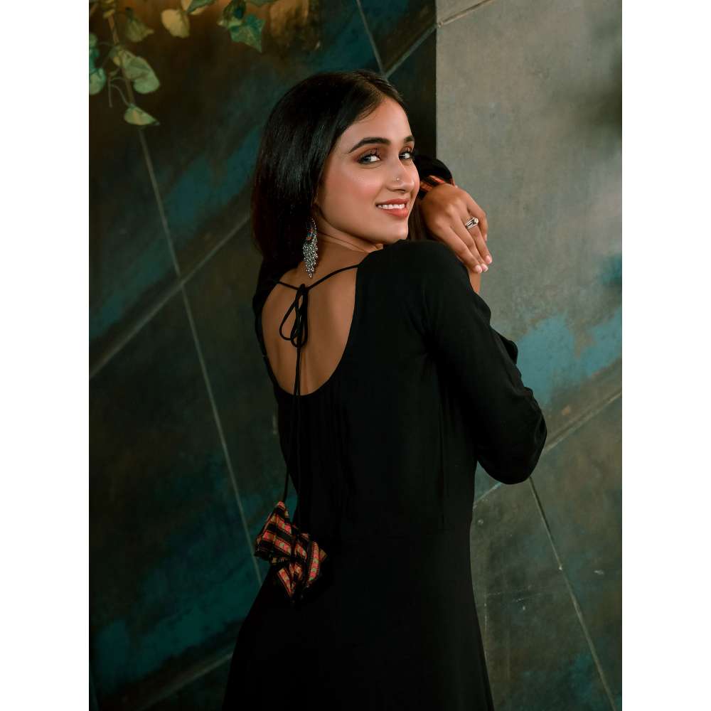 Vinya Black Rayon Fit & Flare Dress with Floral Organza Dupatta (Set of 2)