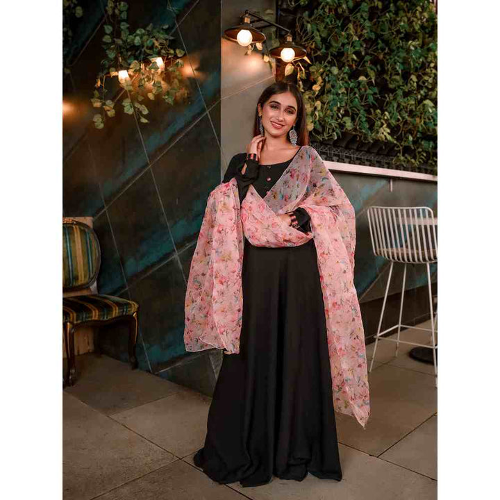 Vinya Black Rayon Fit & Flare Dress with Floral Organza Dupatta (Set of 2)