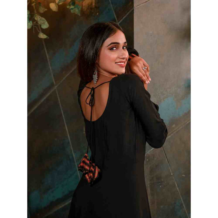 Vinya Black Rayon Fit & Flare Dress with Floral Organza Dupatta (Set of 2)