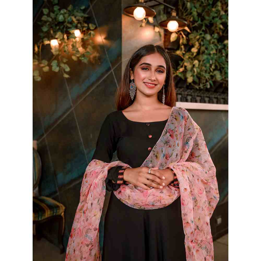 Vinya Black Rayon Fit & Flare Dress with Floral Organza Dupatta (Set of 2)