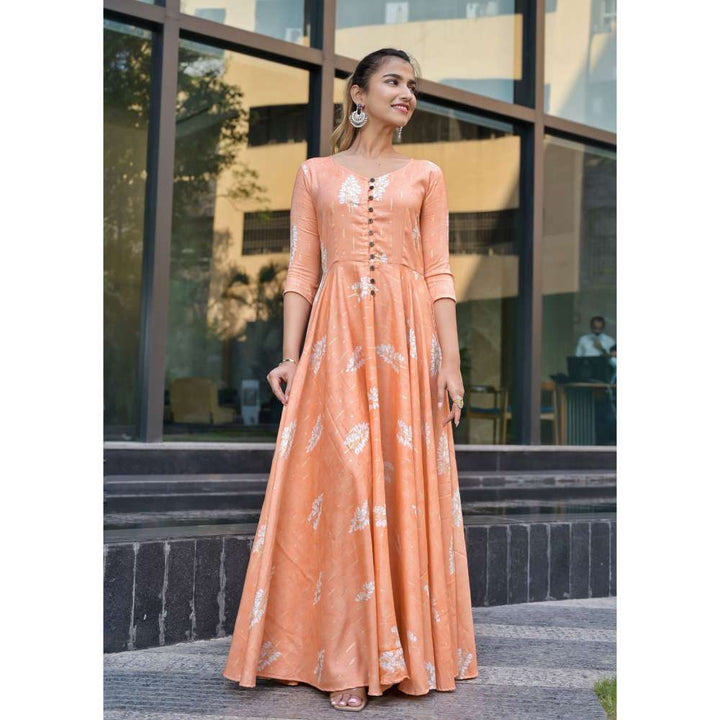 Vinya Peach Pastel Foil Printed Rayon Slub Fit & Flare Dress