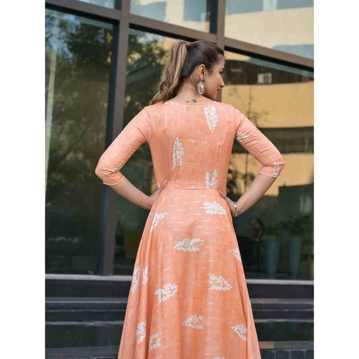 Vinya Peach Pastel Foil Printed Rayon Slub Fit & Flare Dress