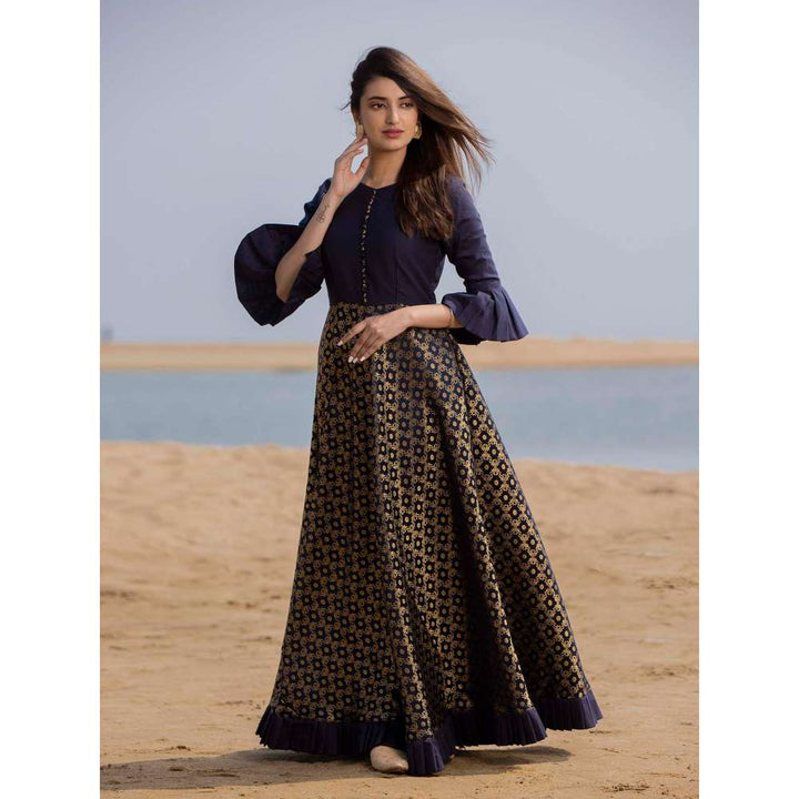 Vinya Blue Dupion Cotton & H&loom Banarasi Fit & Flare Dress
