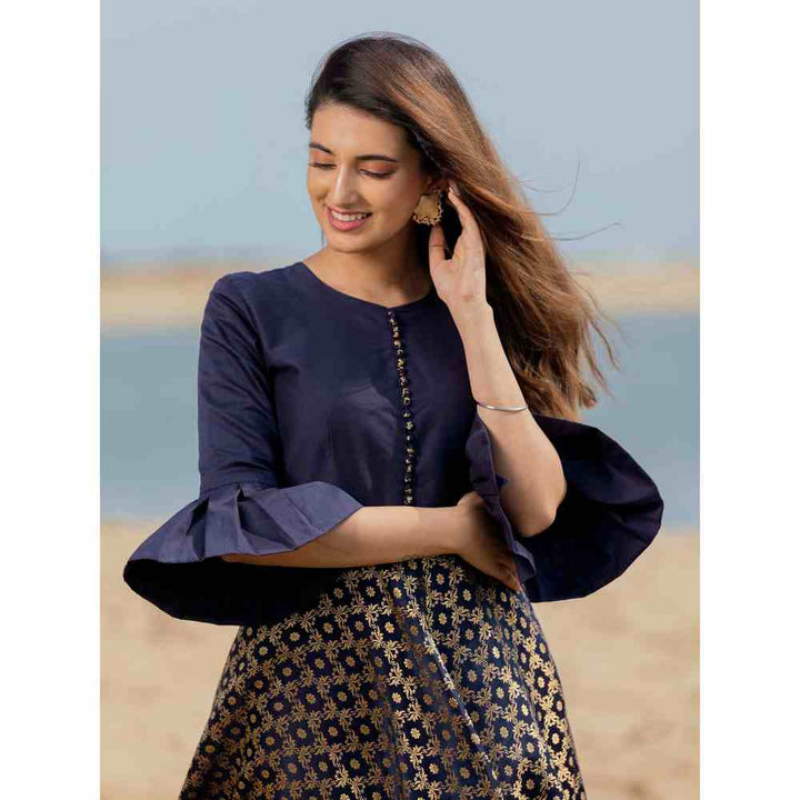 Vinya Blue Dupion Cotton & H&loom Banarasi Fit & Flare Dress