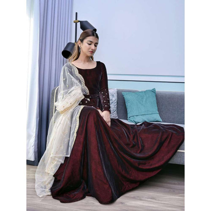 Vinya Maroon Anarkali Dress with Sequined Sleeve & Embroidered Dupatta & Belt (Set of 3)