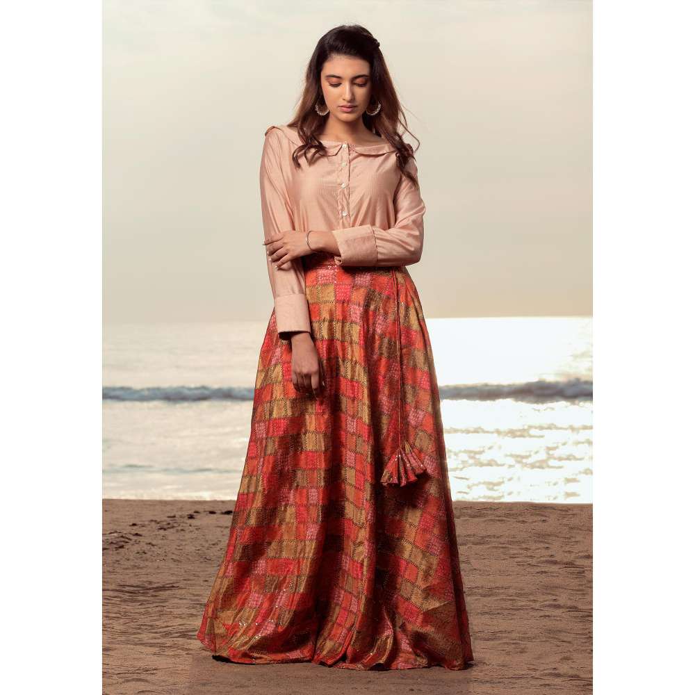 Vinya Beige Silk Slub Shirt with Multicolour Sequin Embroidered Skirt (Set of 2)