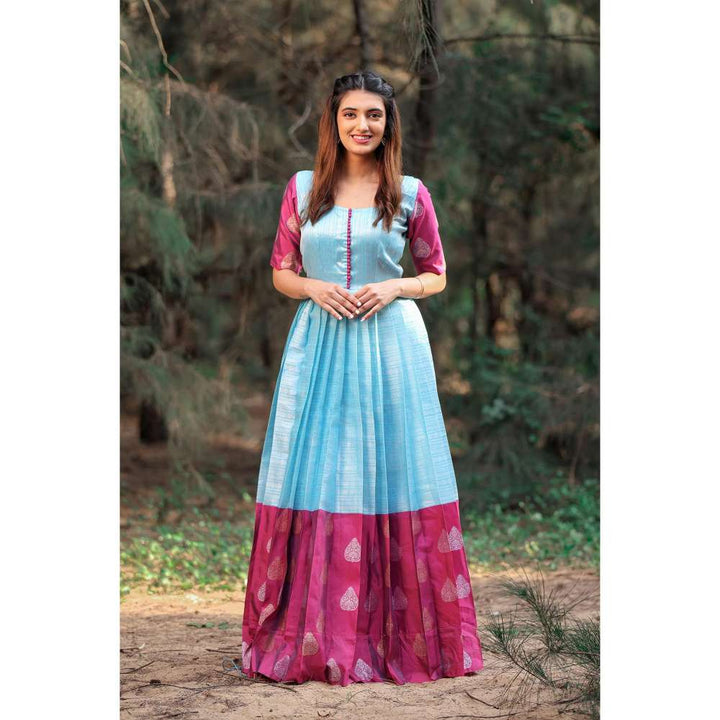 Vinya Blue & Pink Fit & Flare Fan Pleated Kora Silk Dress with Zari Borders