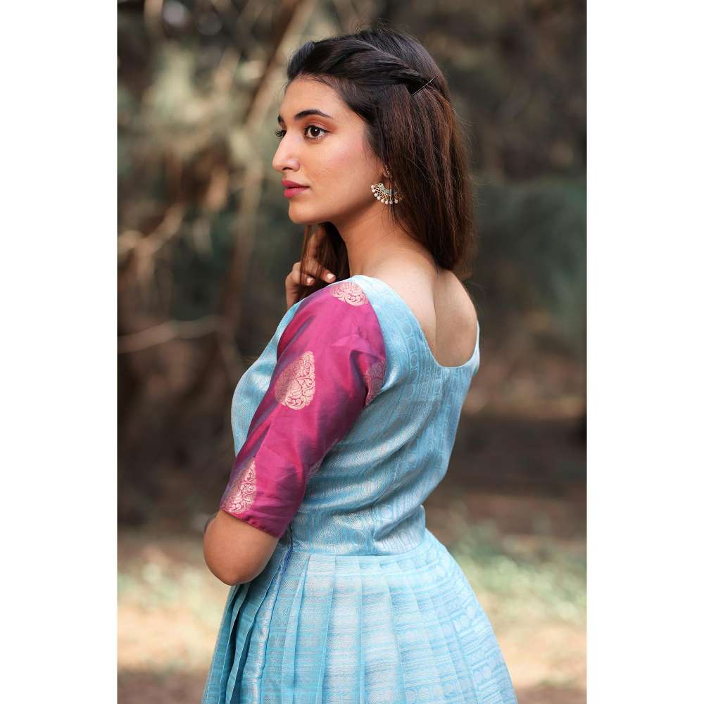 Vinya Blue & Pink Fit & Flare Fan Pleated Kora Silk Dress with Zari Borders