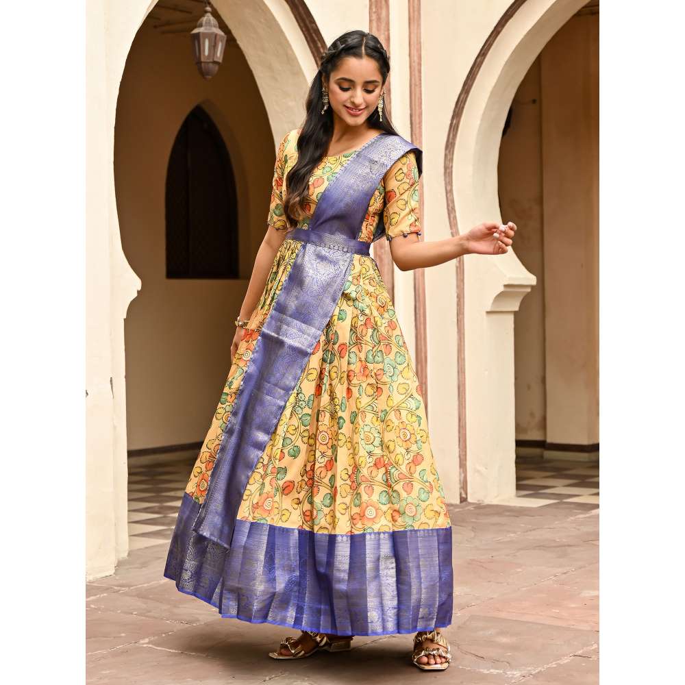 Vinya Yellow Silk Kalamkari Fit and Flare Dress (Set of 3)