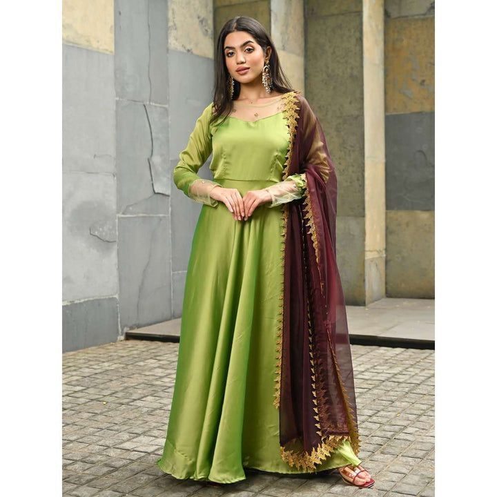 Vinya Green Silk Georgette Fit and Flare Dress with Organza Dupatta (Set of 2)
